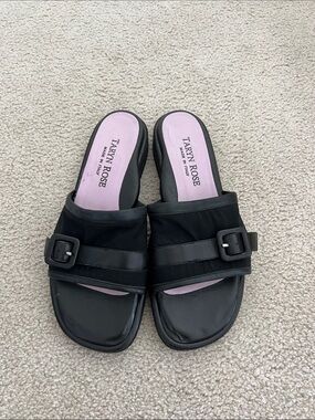 Taryn Rose Black Slide Mules with Pink Insole
